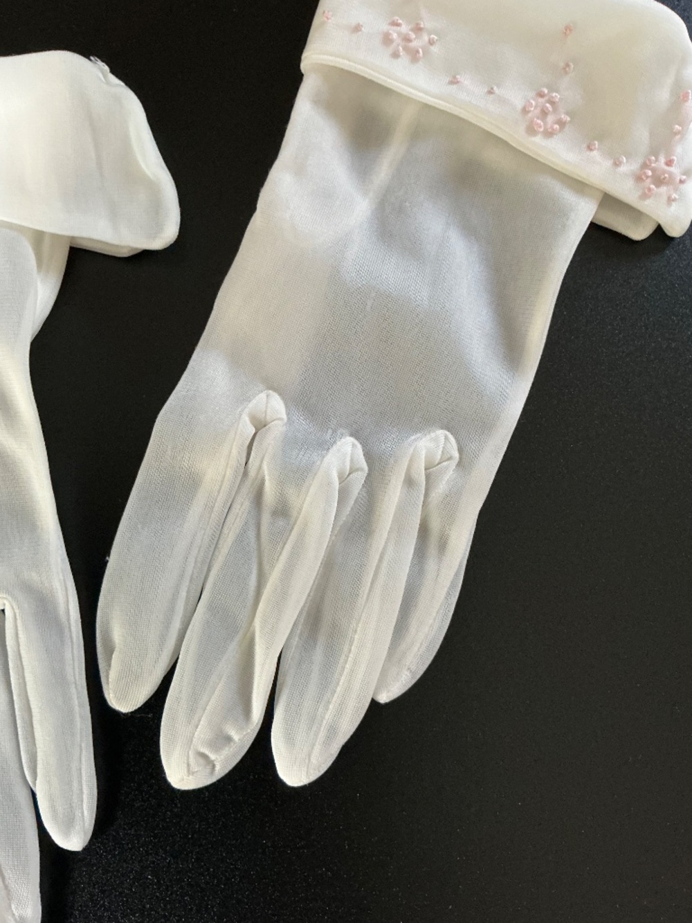 Vintage Ivory Organza Gloves Formal Wedding Bridal Prom Pink Accents - Picture 9 of 14